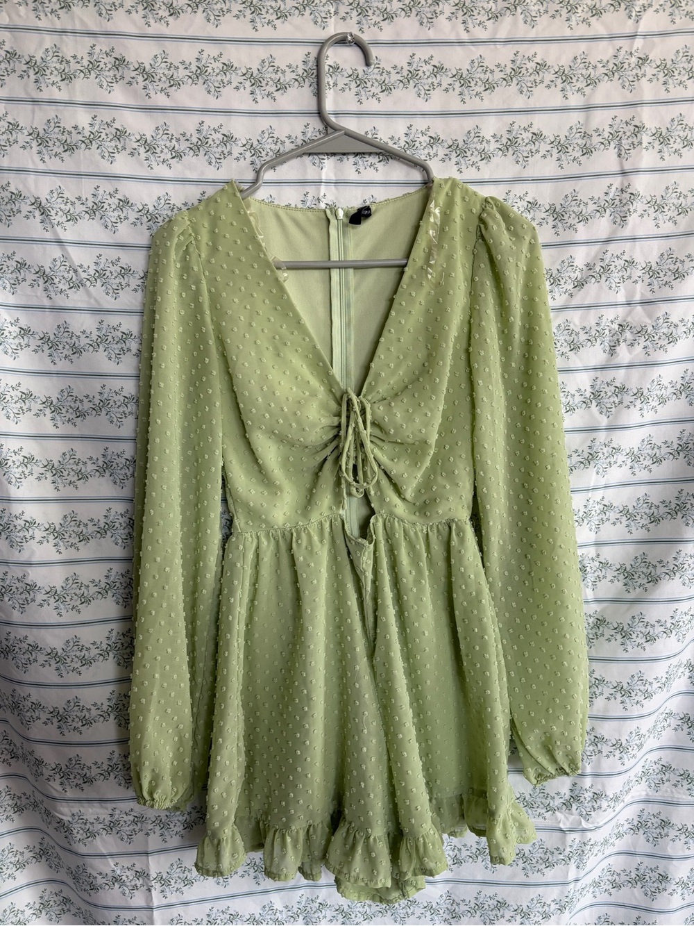 Light Green Tie-Front Long Sleeve Romper
